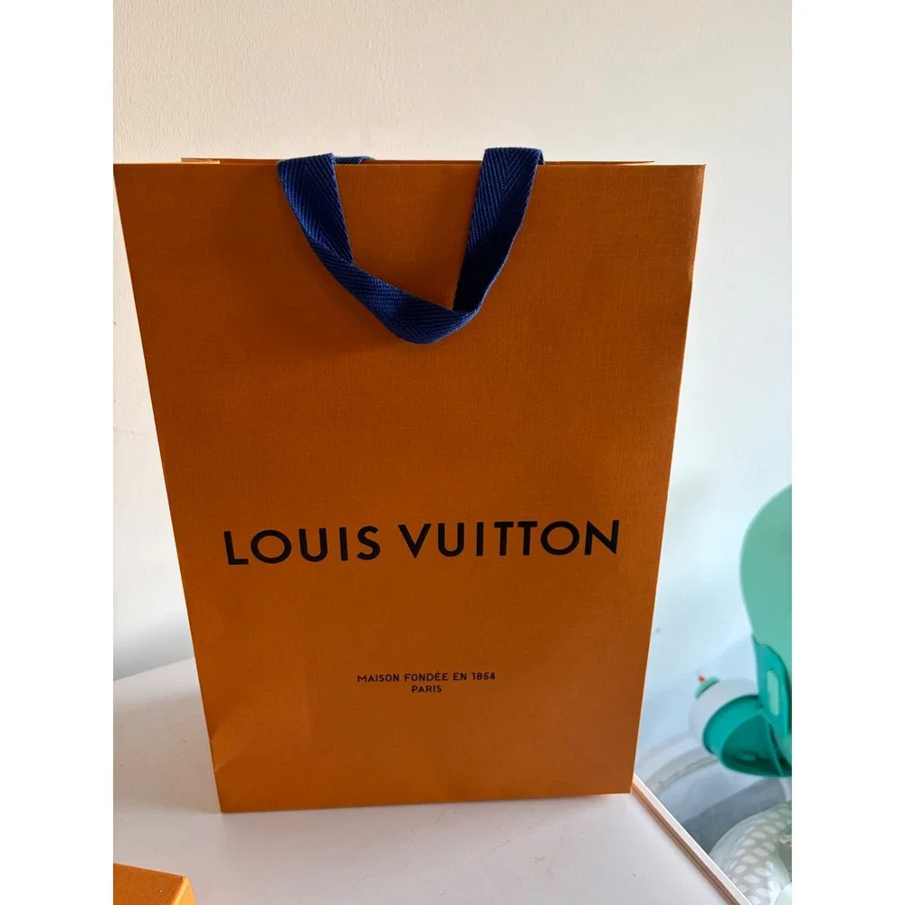 Louis Vuitton Orange Shopping Bag Blue Handles 14 Inch Tall Authentic Gift Bag